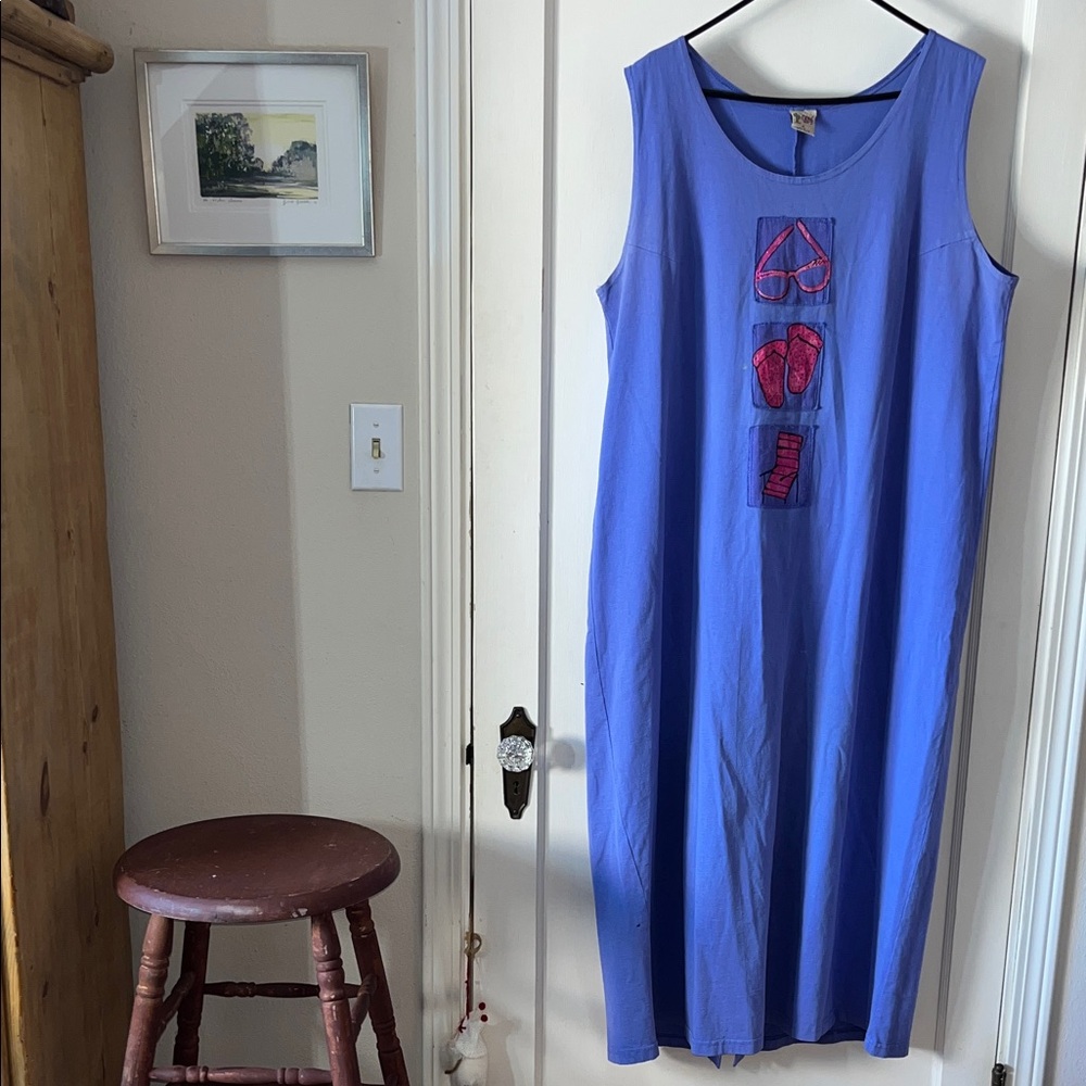 Cactus California Periwinkle‎ Blue Handpainted Lagenlook Painted Dress XL